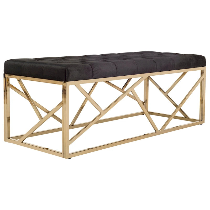 Banc rectangulaire capitonné en velours noir avec base géométrique dorée – 48,5L x 20,3P x 18H
