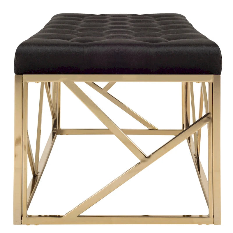 Banc rectangulaire capitonné en velours noir avec base géométrique dorée – 48,5L x 20,3P x 18H