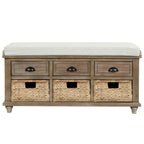 Banc de rangement rustique avec 3 tiroirs et 3 paniers en rotin