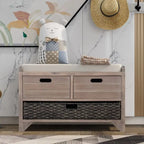 Banc à chaussures d'entrée de ferme avec coussin, 2 tiroirs et panier en jonc de mer – 32 po L x 20 po H, acacia massif