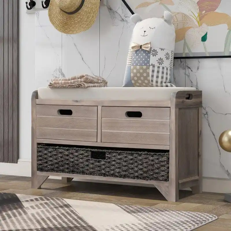 Banc à chaussures d'entrée de ferme avec coussin, 2 tiroirs et panier en jonc de mer – 32 po L x 20 po H, acacia massif