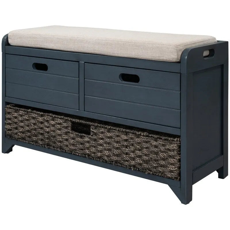 Banc à chaussures d'entrée de ferme avec coussin, 2 tiroirs et panier en jonc de mer – 32 po L x 20 po H, acacia massif