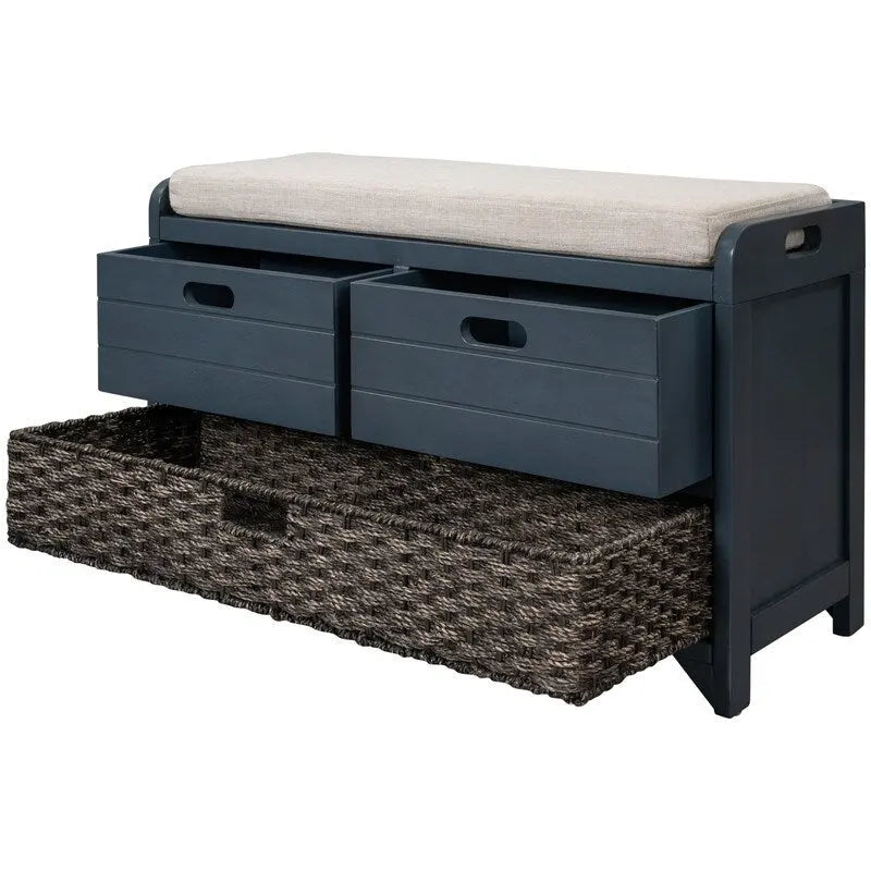 Banc à chaussures d'entrée de ferme avec coussin, 2 tiroirs et panier en jonc de mer – 32 po L x 20 po H, acacia massif
