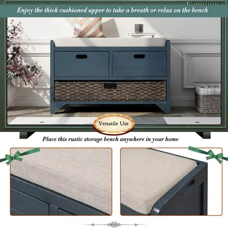 Banc à chaussures d'entrée de ferme avec coussin, 2 tiroirs et panier en jonc de mer – 32 po L x 20 po H, acacia massif