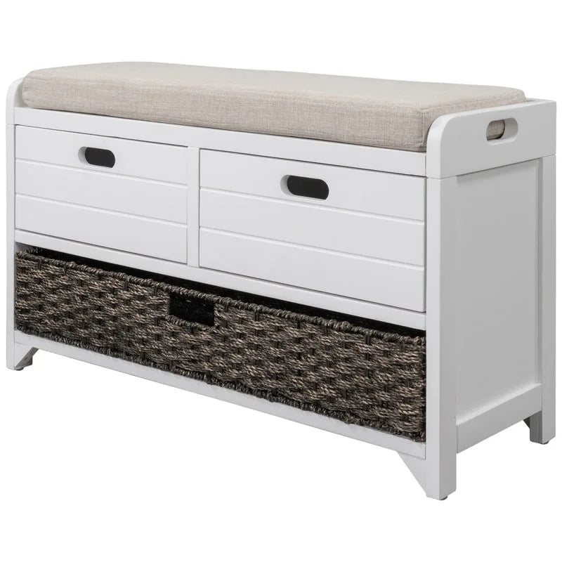 Banc à chaussures d'entrée de ferme avec coussin, 2 tiroirs et panier en jonc de mer – 32 po L x 20 po H, acacia massif
