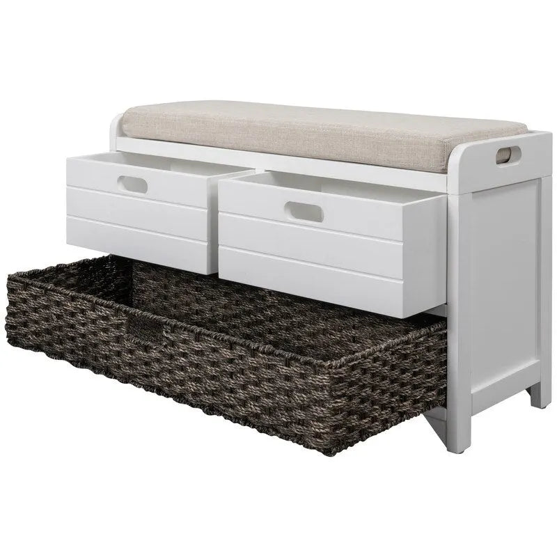 Banc à chaussures d'entrée de ferme avec coussin, 2 tiroirs et panier en jonc de mer – 32 po L x 20 po H, acacia massif