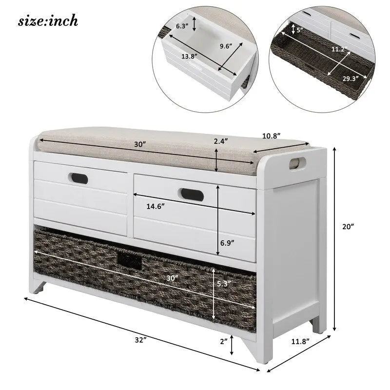 Banc à chaussures d'entrée de ferme avec coussin, 2 tiroirs et panier en jonc de mer – 32 po L x 20 po H, acacia massif