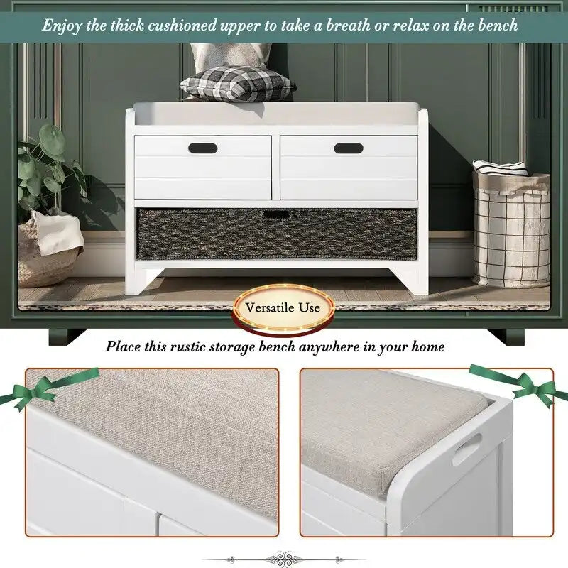 Banc à chaussures d'entrée de ferme avec coussin, 2 tiroirs et panier en jonc de mer – 32 po L x 20 po H, acacia massif