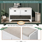 Banc à chaussures d'entrée de ferme avec coussin, 2 tiroirs et panier en jonc de mer – 32 po L x 20 po H, acacia massif