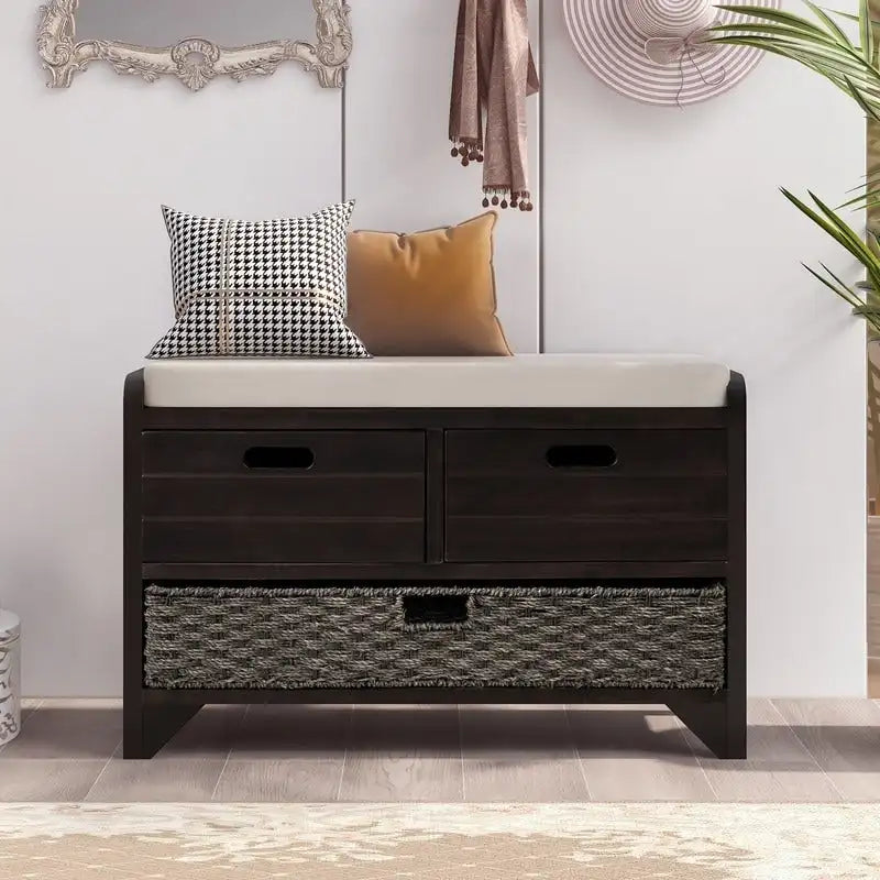 Banc à chaussures d'entrée de ferme avec coussin, 2 tiroirs et panier en jonc de mer – 32 po L x 20 po H, acacia massif