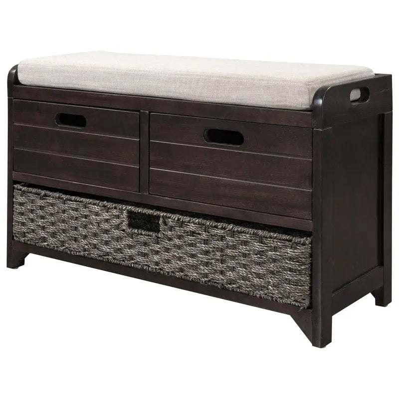 Banc à chaussures d'entrée de ferme avec coussin, 2 tiroirs et panier en jonc de mer – 32 po L x 20 po H, acacia massif