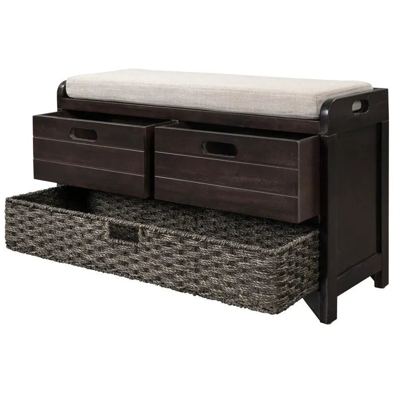 Banc à chaussures d'entrée de ferme avec coussin, 2 tiroirs et panier en jonc de mer – 32 po L x 20 po H, acacia massif