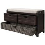Banc à chaussures d'entrée de ferme avec coussin, 2 tiroirs et panier en jonc de mer – 32 po L x 20 po H, acacia massif