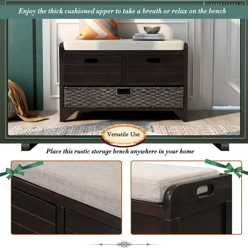 Banc à chaussures d'entrée de ferme avec coussin, 2 tiroirs et panier en jonc de mer – 32 po L x 20 po H, acacia massif