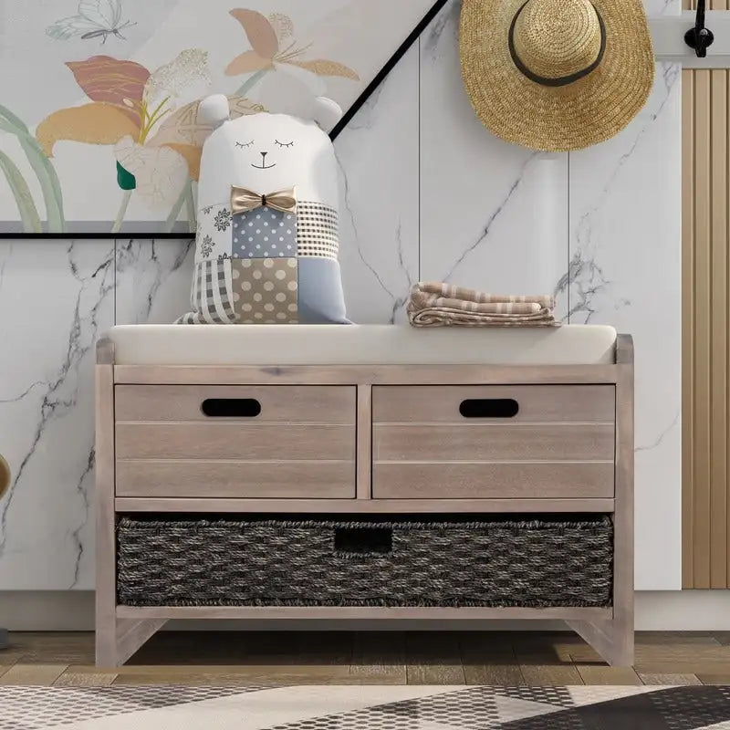 Banc à chaussures d'entrée de ferme avec coussin, 2 tiroirs et panier en jonc de mer – 32 po L x 20 po H, acacia massif