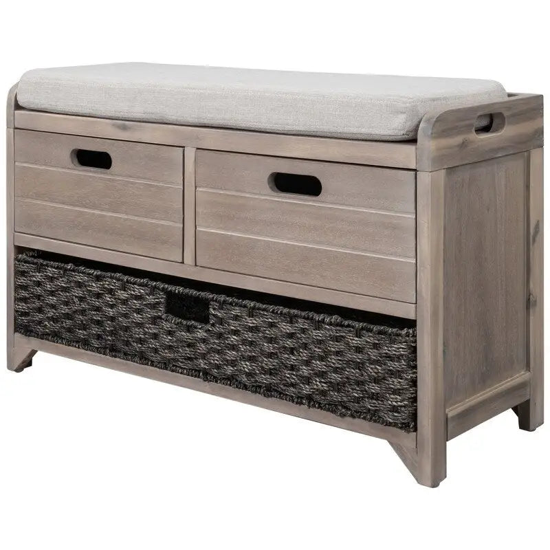 Banc à chaussures d'entrée de ferme avec coussin, 2 tiroirs et panier en jonc de mer – 32 po L x 20 po H, acacia massif