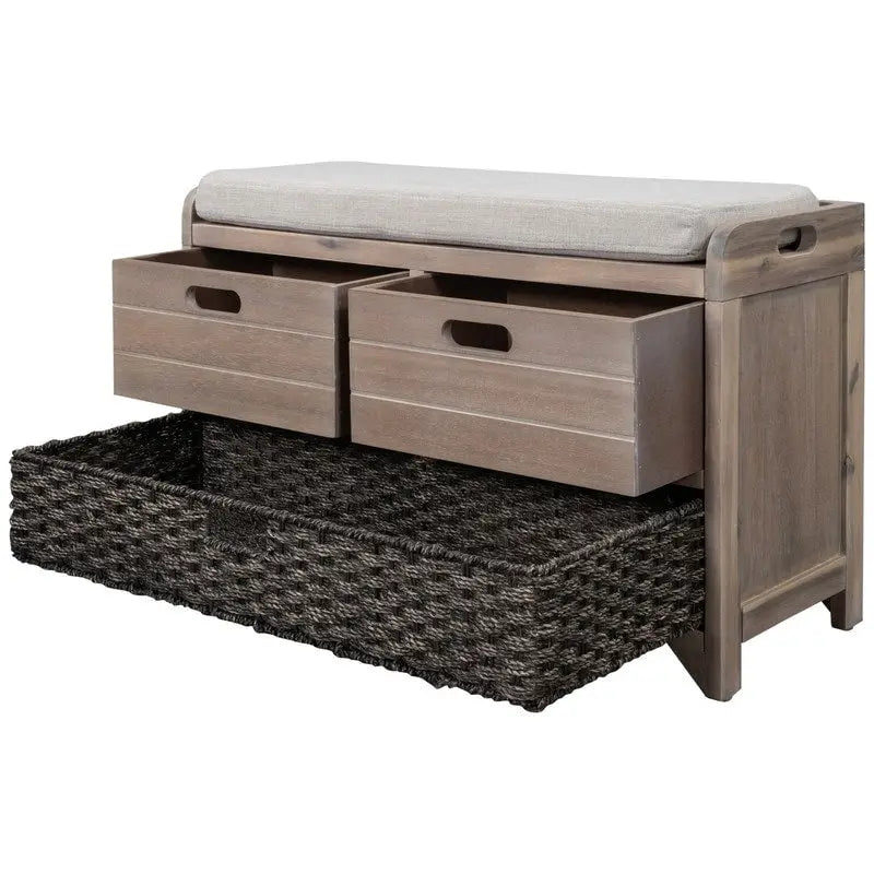 Banc à chaussures d'entrée de ferme avec coussin, 2 tiroirs et panier en jonc de mer – 32 po L x 20 po H, acacia massif