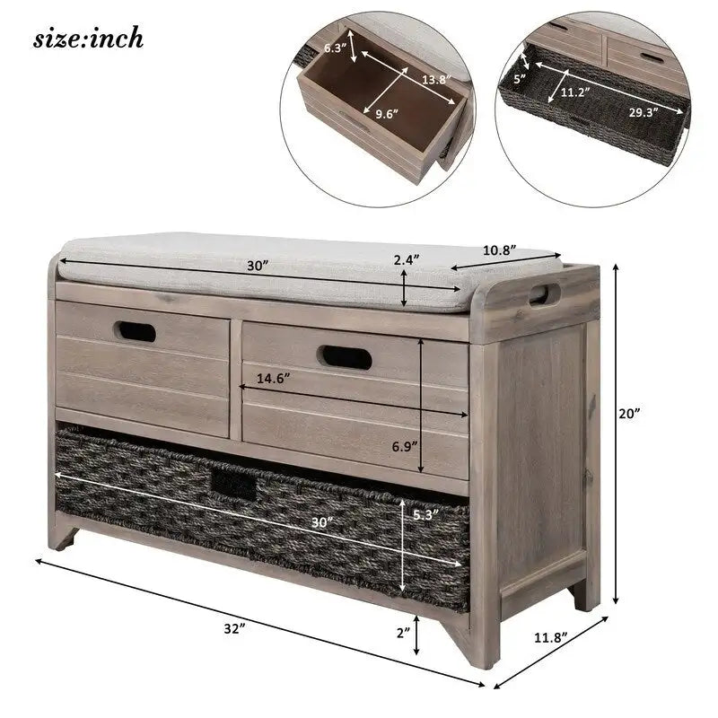 Banc à chaussures d'entrée de ferme avec coussin, 2 tiroirs et panier en jonc de mer – 32 po L x 20 po H, acacia massif
