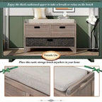 Banc à chaussures d'entrée de ferme avec coussin, 2 tiroirs et panier en jonc de mer – 32 po L x 20 po H, acacia massif