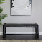 Banc en cuir tressé fait main noir – Cadre en bois de teck, 119,4 L x 44,5 l x 42,7 H cm, capacité de 113,4 kg
