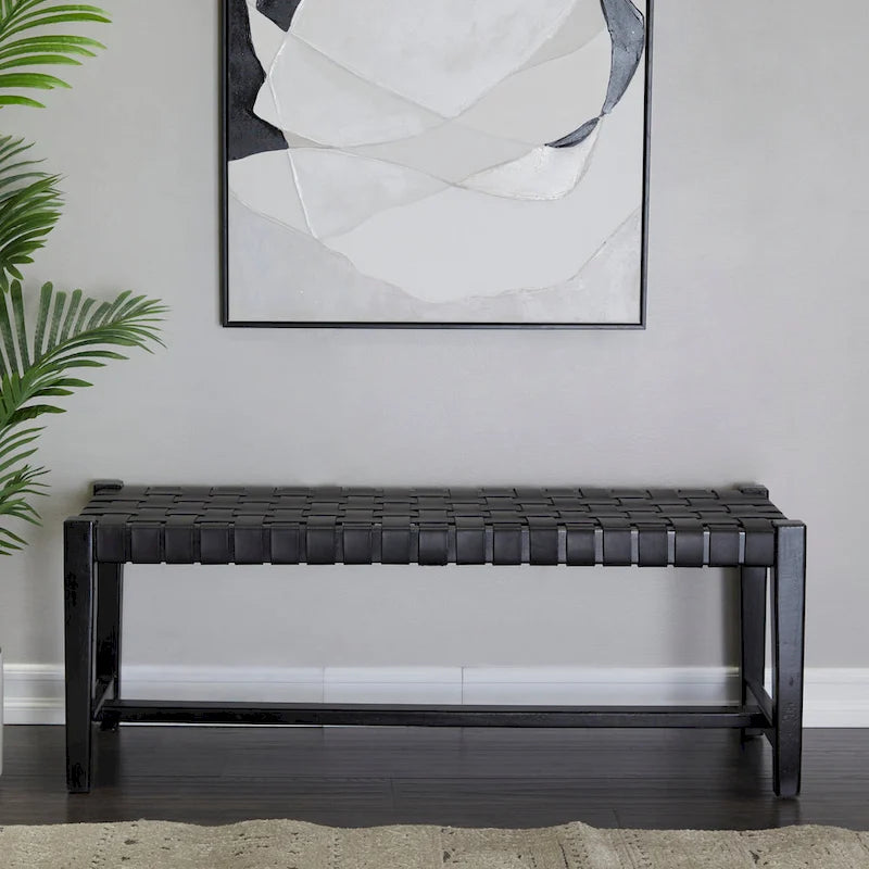Banc en cuir tressé fait main noir – Cadre en bois de teck, 119,4 L x 44,5 l x 42,7 H cm, capacité de 113,4 kg