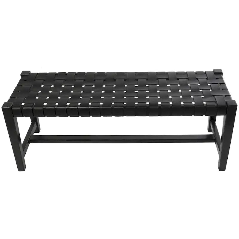 Banc en cuir tressé fait main noir – Cadre en bois de teck, 119,4 L x 44,5 l x 42,7 H cm, capacité de 113,4 kg