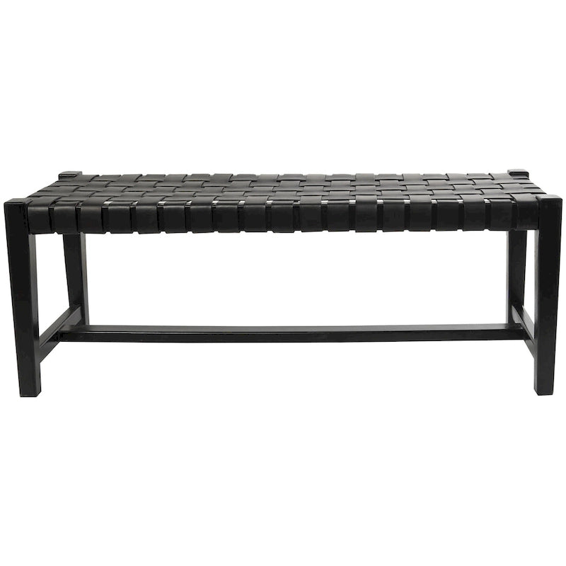 Banc en cuir tressé fait main noir – Cadre en bois de teck, 119,4 L x 44,5 l x 42,7 H cm, capacité de 113,4 kg