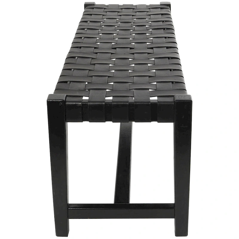 Banc en cuir tressé fait main noir – Cadre en bois de teck, 119,4 L x 44,5 l x 42,7 H cm, capacité de 113,4 kg