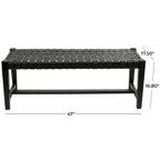 Banc en cuir tressé fait main noir – Cadre en bois de teck, 119,4 L x 44,5 l x 42,7 H cm, capacité de 113,4 kg