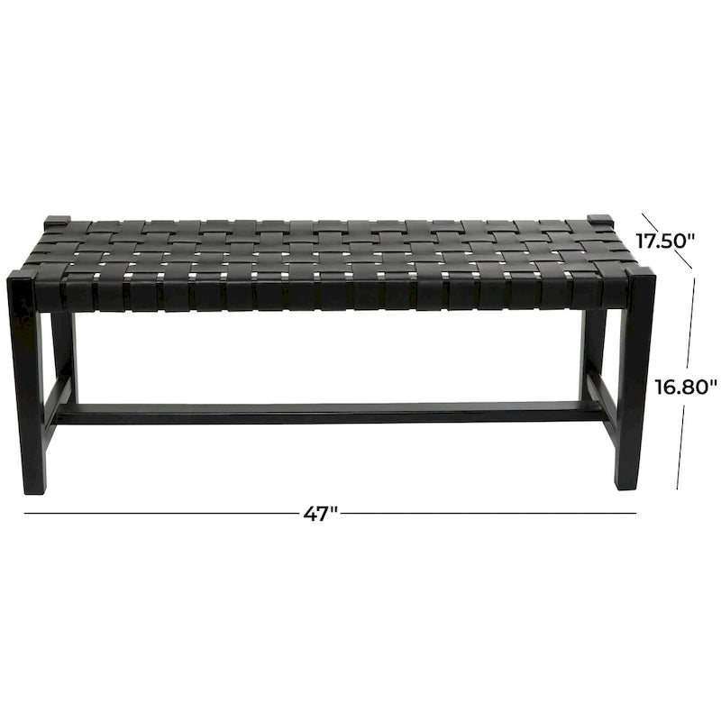 Banc en cuir tressé fait main noir – Cadre en bois de teck, 119,4 L x 44,5 l x 42,7 H cm, capacité de 113,4 kg