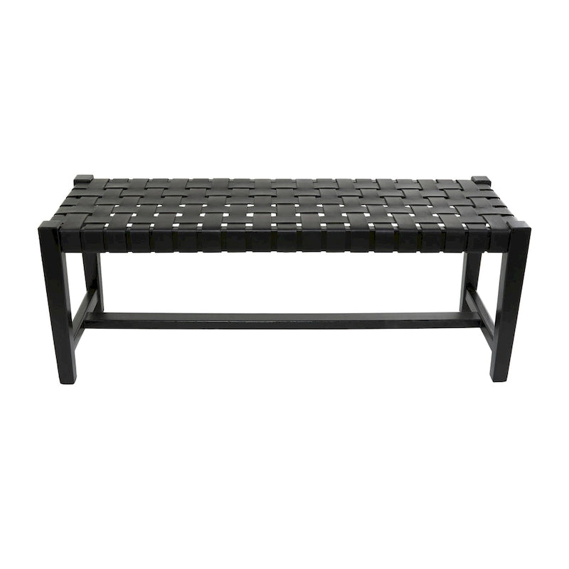Banc en cuir tressé fait main noir – Cadre en bois de teck, 119,4 L x 44,5 l x 42,7 H cm, capacité de 113,4 kg