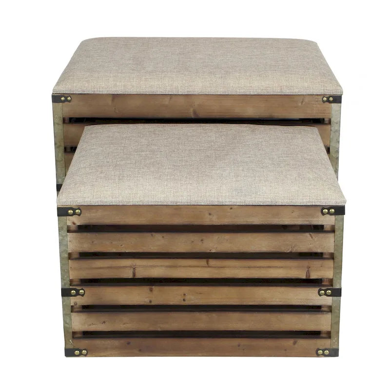 Set of 2 Farmhouse Wood Slat Storage Benches with Flip-Top Lid & Cushion – Brown, Handcrafted