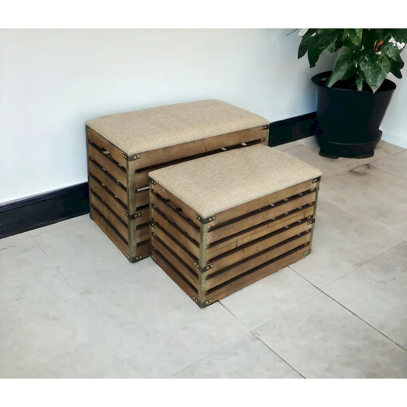 Set of 2 Farmhouse Wood Slat Storage Benches with Flip-Top Lid & Cushion – Brown, Handcrafted