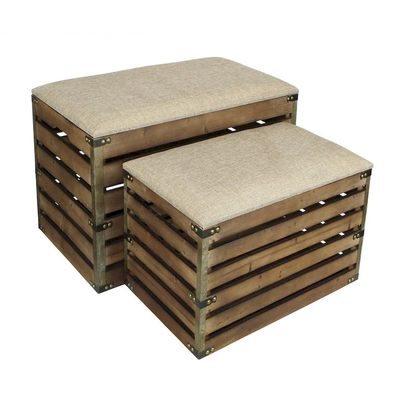Set of 2 Farmhouse Wood Slat Storage Benches with Flip-Top Lid & Cushion – Brown, Handcrafted