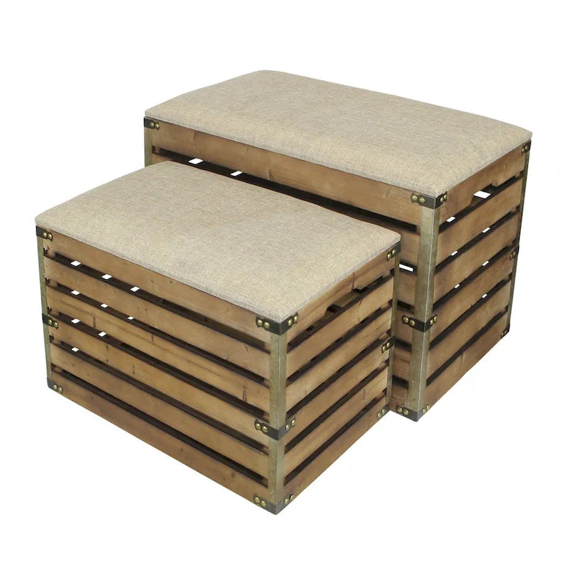 Set of 2 Farmhouse Wood Slat Storage Benches with Flip-Top Lid & Cushion – Brown, Handcrafted
