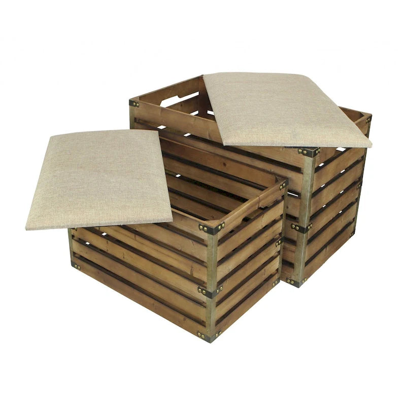 Set of 2 Farmhouse Wood Slat Storage Benches with Flip-Top Lid & Cushion – Brown, Handcrafted