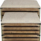 Set of 2 Farmhouse Wood Slat Storage Benches with Flip-Top Lid & Cushion – Brown, Handcrafted