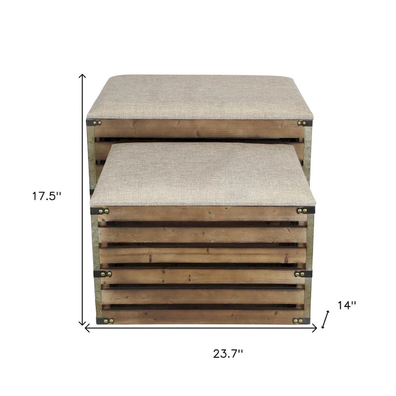 Set of 2 Farmhouse Wood Slat Storage Benches with Flip-Top Lid & Cushion – Brown, Handcrafted