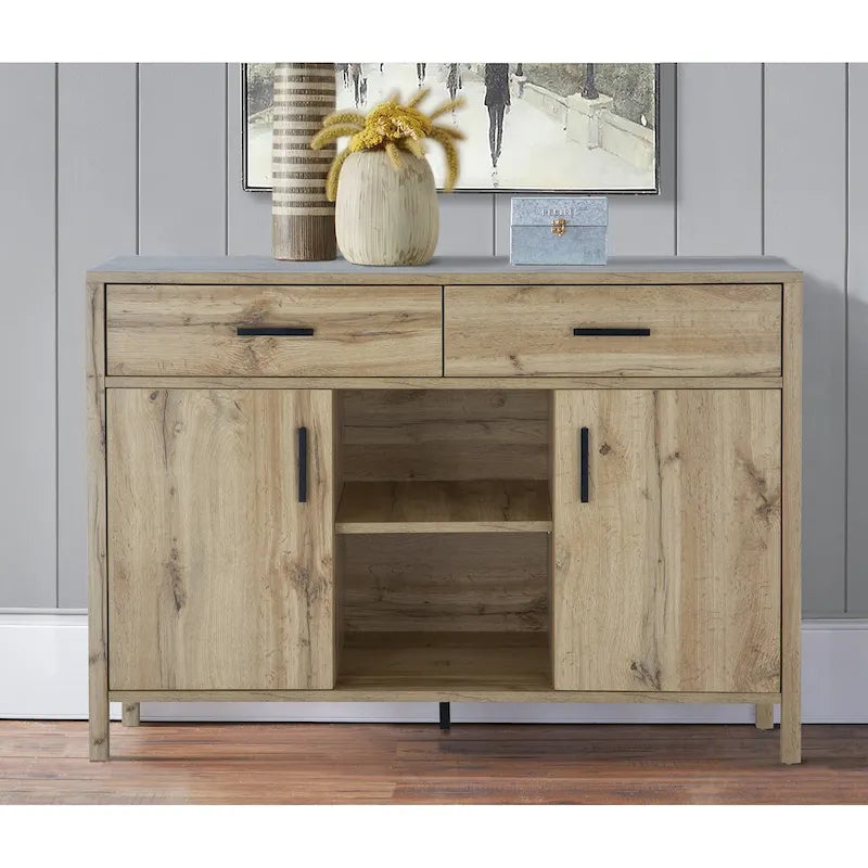 Bahut Q-Max 47W, Meuble de rangement de salle à manger, Buffet avec deux placards, deux tiroirs, deux étagères ouvertes