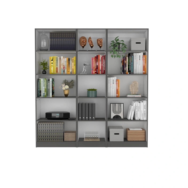 67" Wide 5-Shelf Bookcase Set of 3 – Modern Matt Gray & White, 71H x 11.7D