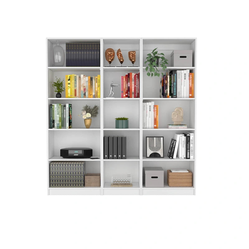 67" Wide 5-Shelf Bookcase Set of 3 – Modern Matt Gray & White, 71H x 11.7D