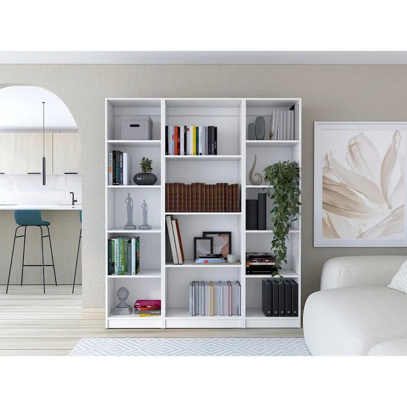 Ensemble de 3 bibliothèques à 4 étagères de 152 cm de large – Bois stratifié, 180 cm H x 30 cm P, Options multicolores