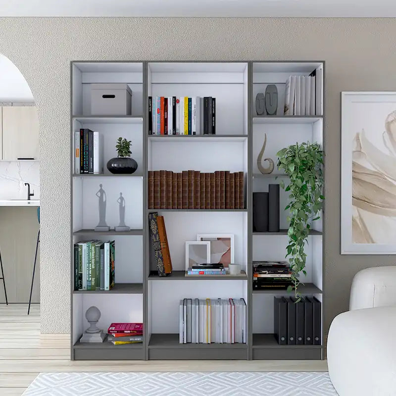 Ensemble de 3 bibliothèques à 4 étagères de 152 cm de large – Bois stratifié, 180 cm H x 30 cm P, Options multicolores