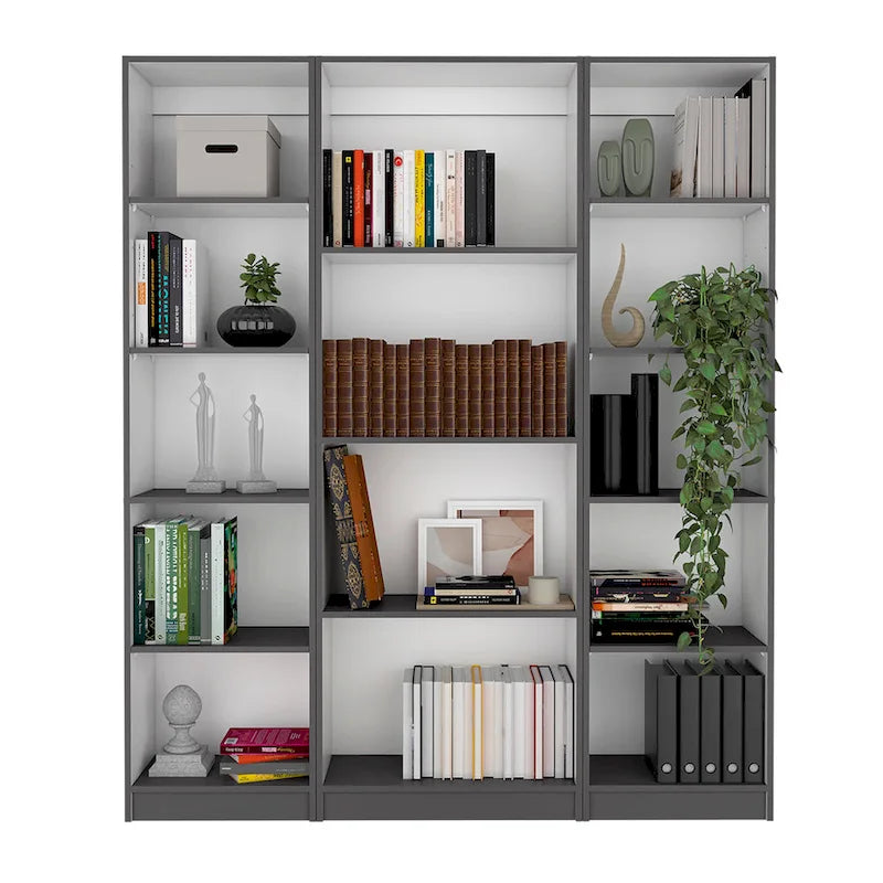 Ensemble de 3 bibliothèques à 4 étagères de 152 cm de large – Bois stratifié, 180 cm H x 30 cm P, Options multicolores