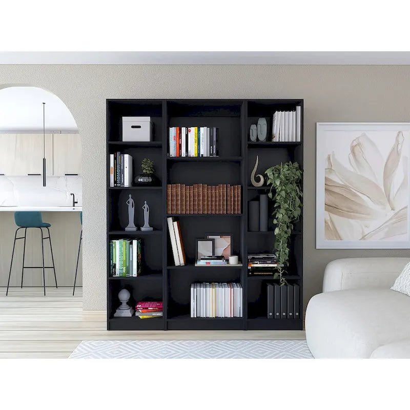 Ensemble de 3 bibliothèques à 4 étagères de 152 cm de large – Bois stratifié, 180 cm H x 30 cm P, Options multicolores