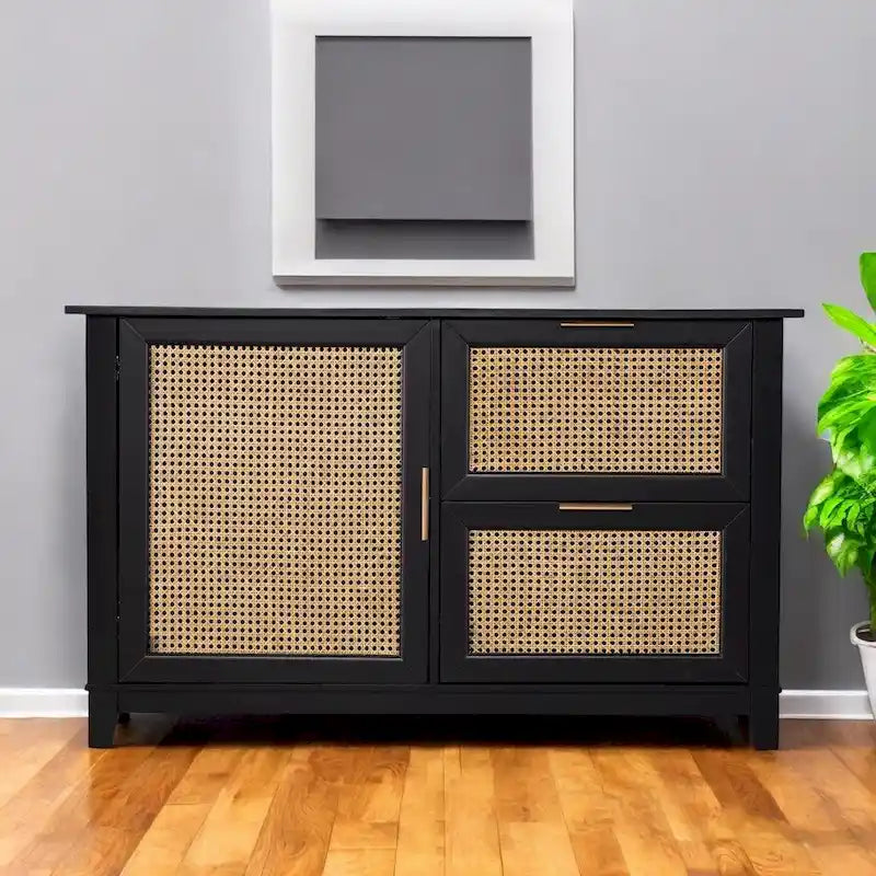 Bahut en bois massif noir avec 2 tiroirs et portes en rotin – 50,25 larg. x 30,5 haut. x 14,25 prof.