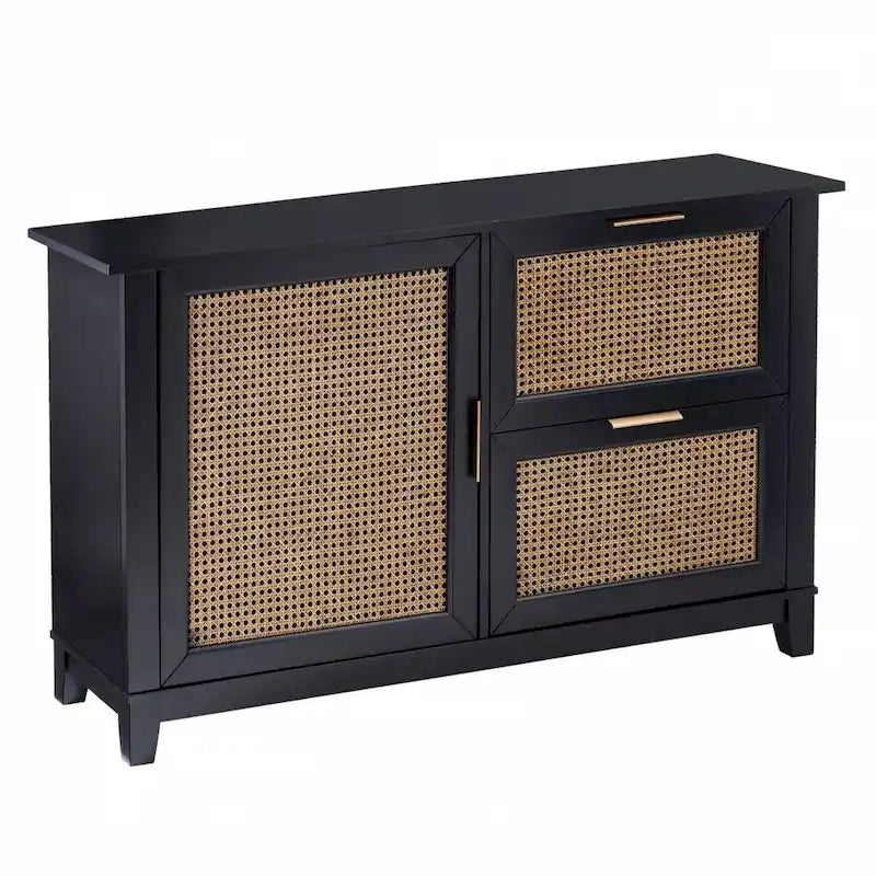 Bahut en bois massif noir avec 2 tiroirs et portes en rotin – 50,25 larg. x 30,5 haut. x 14,25 prof.