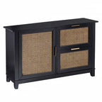 Bahut en bois massif noir avec 2 tiroirs et portes en rotin – 50,25 larg. x 30,5 haut. x 14,25 prof.