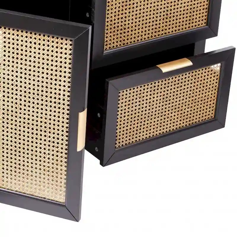 Bahut en bois massif noir avec 2 tiroirs et portes en rotin – 50,25 larg. x 30,5 haut. x 14,25 prof.