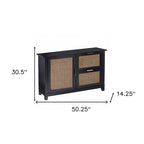 Bahut en bois massif noir avec 2 tiroirs et portes en rotin – 50,25 larg. x 30,5 haut. x 14,25 prof.